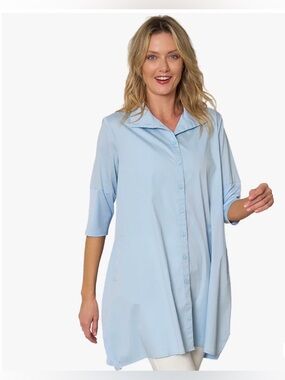 Stella Carakasi L Tiburon teal organic cotton stretch wrist pleated back tunic